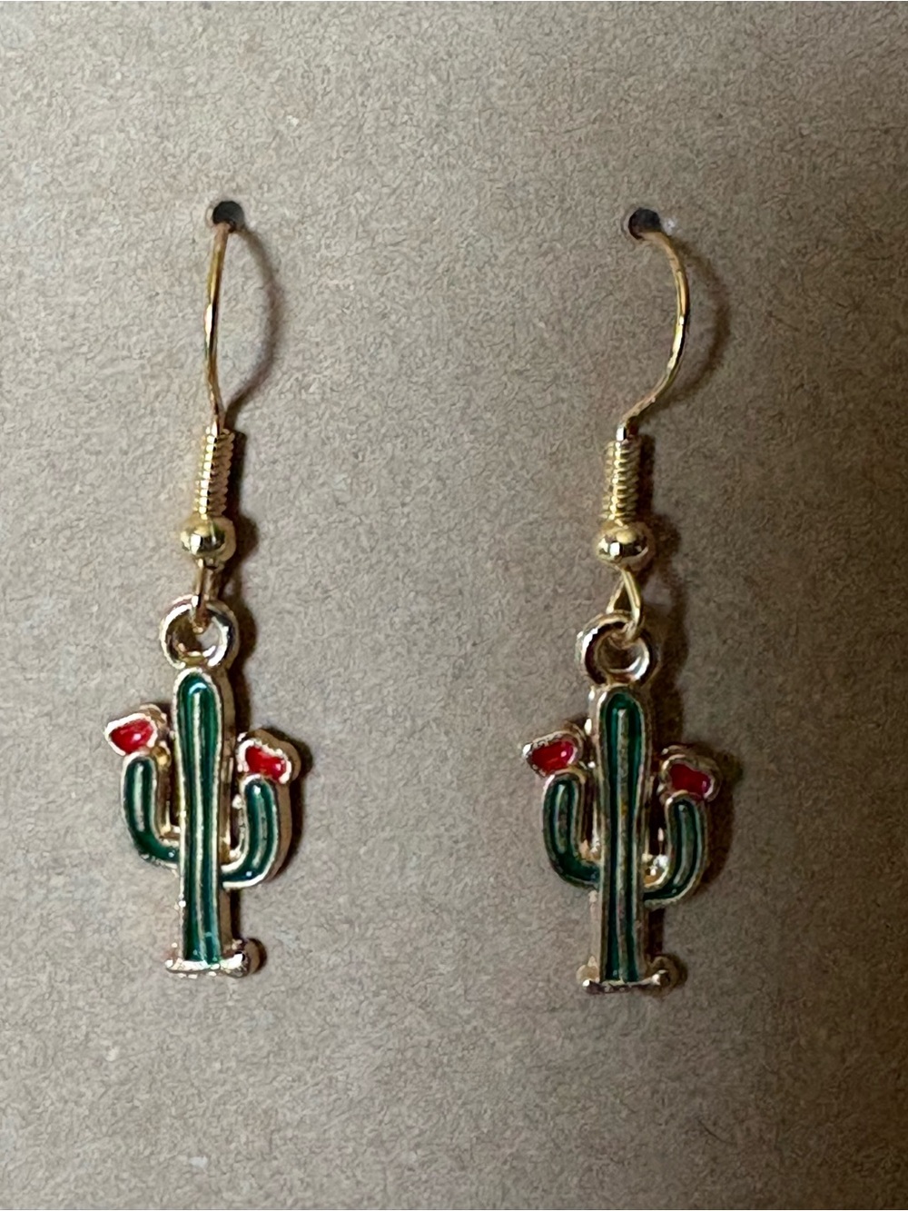 Gold-Tone Green Cactus Drop Earrings with Red Accents